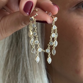 Vip 14 K Altın Kaplama Damla Taşlı Zincir Detaylı Kıkırdak Küpe
