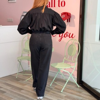 WE COSS DÜĞME DETAYLI BALON MODEL CROP SİYAH GÖMLEK