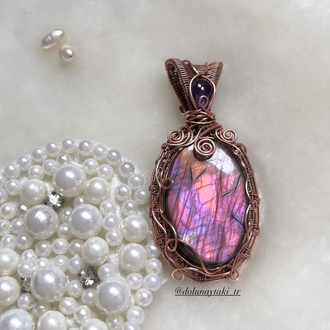Pembe Mor Rainbow Labradorit Vintage Bakır Kolye 