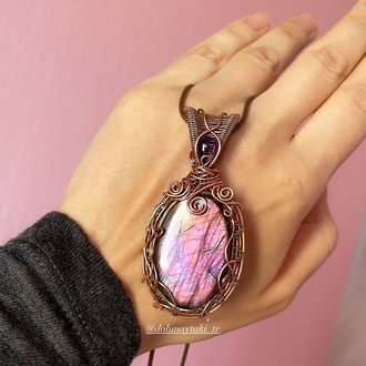 Pembe Mor Rainbow Labradorit Vintage Bakır Kolye 
