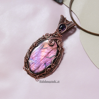 Pembe Mor Rainbow Labradorit Vintage Bakır Kolye 