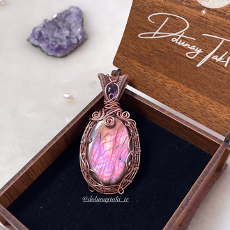 Pembe Mor Rainbow Labradorit Vintage Bakır Kolye 