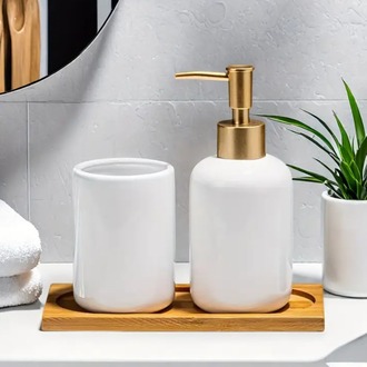 HB4174154 Seramik Altın pompalı başlıklı beyaz şişe + Seramik bardak + bambu tepsi