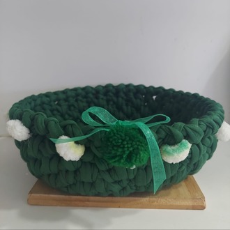 B193558060 El Yapım Örgü Sepet Ponponlu 23x8cm Koyu Yeşil Fiyonklu Havluluk Banyoluk 1 Adet