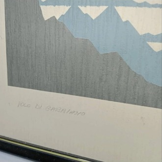 A350.236 52x72cm Cam Ahşap Siyah Kenarlı Tablo Kuş Ağaç Dağ Serigrafi L. Jacowitz 1 Adet