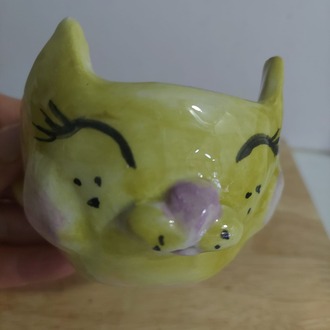 B535017 Küçük Kedi Temalı Kupa Tamamen Elde Yapım Seramik Duble Kahve 1 Adet