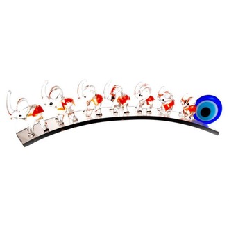 3901-RR Eğik Füme Plakada Kırmızı Yedili Fil Cam Nazar Boncuklu Kristal Dekorasyon 1 Adet