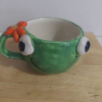 A98950 Yeşil Kurbağa Çiçek Küçük Kupa El Yapım Seramic Art Çay Kahve Kadın Erkek 1 Adet