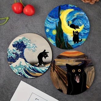 AMB3604862 10.01*10.01 cm boyutunda 5 adet Şirin Siyah Kedi ve Ünlü Tablolar Ahşap Tabak Seti