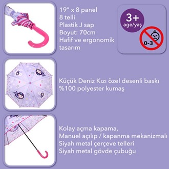 MAM361461802 Küçük Deniz Kızı Çocuk Şemsiye Koleksiyon 19" x 8 Panel 1 Adet