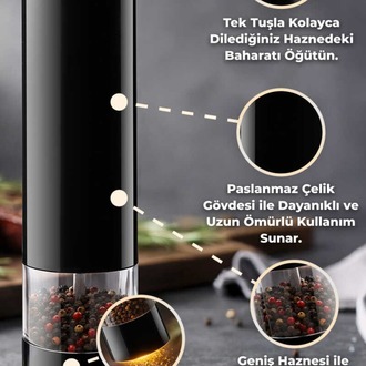 D-BRN027 Paslanmaz Çelik Tuz & Karabiber Öğütücü Pilli - Siyah Otomatik