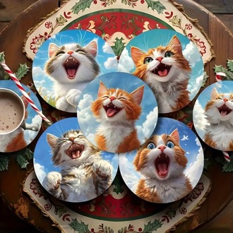 YA4486151 2D Baskılı 6 Parça Eğlenceli Kedi Bardak Altlığı Seti Renkli Tasarım