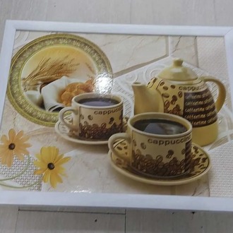CAPPUCDIZTEPS Minderli Desenli Keyif Tepsisi Kahvaltı Tepsisi Cappucino Arkası Kareli 1 Adet