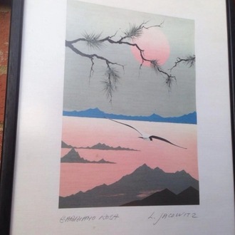 A350.236 52x72cm Cam Ahşap Siyah Kenarlı Tablo Kuş Ağaç Dağ Serigrafi L. Jacowitz 1 Adet