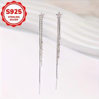 KE249417 Elegant Sterling Silver Star Dangle Küpe - 4g Parlayan Uzun Püskül