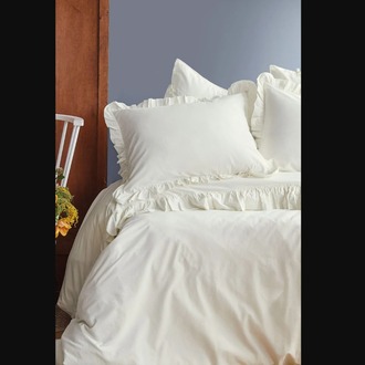 ISS-MAM-622063 Frill Yıkanmış %100 Pamuk Poplin Vanilya Çift Kişilik Nevresim Takımı