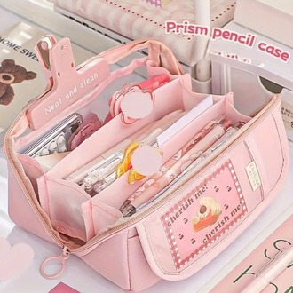 EW145373  Pembe Yaklaşık 80 Kalem Kapasiteli Kızlar İçin Şeffaf Katmanlı Kalem Kutu 1 Adet