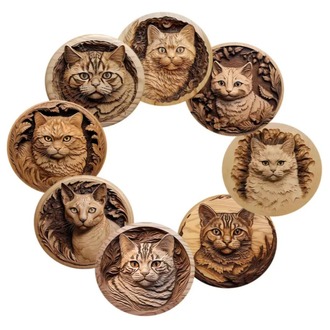 TH3735315 10X10cm 8 Parça Mantar Altlık Seti, Oymalı Kedi Desenli, Elde Yıkanabilir