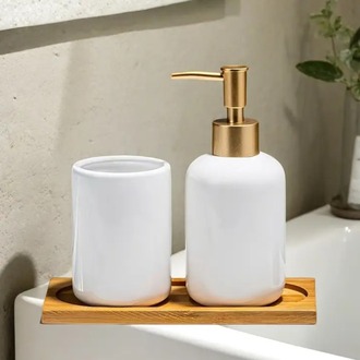 HB4174154 Seramik Altın pompalı başlıklı beyaz şişe + Seramik bardak + bambu tepsi