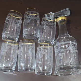 B161021042026 6 Kişilik Su Bardağı Karaf Seti Cam Üstü Desenli Şeffaf