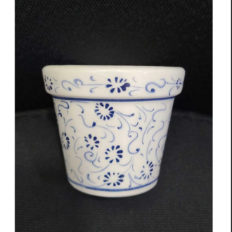 AC4G El Yapım Hand Made Saksı Vazo Ufak 6x7cm Lacivert Beyaz Çiçek Desen 1 Adet
