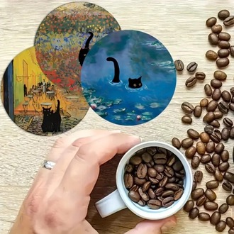AMB3604862 10.01*10.01 cm boyutunda 5 adet Şirin Siyah Kedi ve Ünlü Tablolar Ahşap Tabak Seti