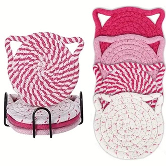 WU810400 Pembe 8'li kedi kulaklı bardak altlığı seti, sıcak pembe el dokuma bardak altlığı