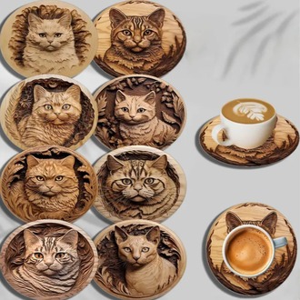 TH3735315 10X10cm 8 Parça Mantar Altlık Seti, Oymalı Kedi Desenli, Elde Yıkanabilir