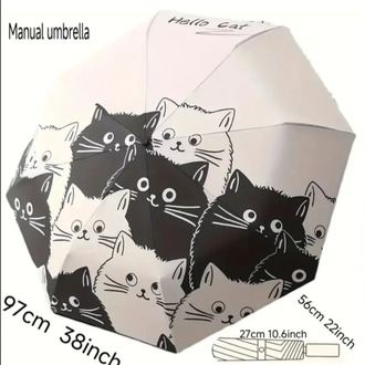 FB67307 Manuel Karikatür Siyah Beyaz Kedi Şemsiye UV Koruma Katlanabilir 1 Adet