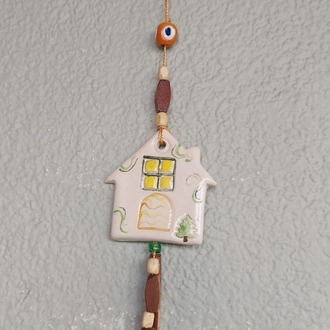 HE70 Seramik Ev Genişlik 6cm Yükseklik 6cm Nazar Asmalık Süs El Yapım