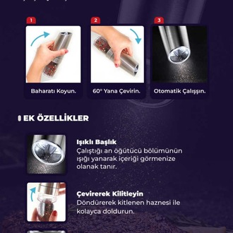 D-BRN023 Gravity Paslanmaz Çelik Otomatik Tuz & Karabiber Öğütücü Pilli - Metalik