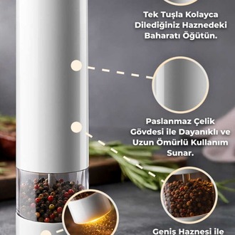 D-BRN026 Paslanmaz Çelik Tuz & Karabiber Öğütücü Pilli - Beyaz Otomatik