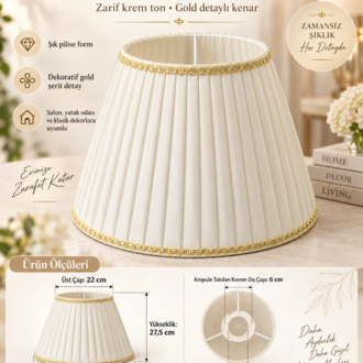 ESD-ABJ-40275-GD Gold Detaylı Krem Pilise Abajur Şapkası 40 cm – Klasik Dekoratif
