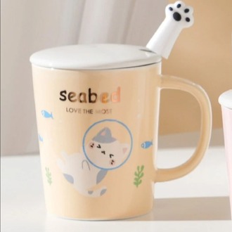 GP-4395 Porselen Kupa Dalgıç Kedi Seabed Love The Most Kapaklı Kaşıklı 1 Adet