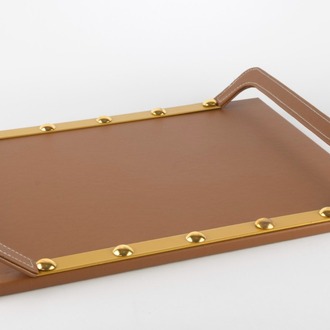 P359.108301 Kahve Gold Met Deri Tepsi 40x30x5 Dekoratif Ürün Dekorasyon