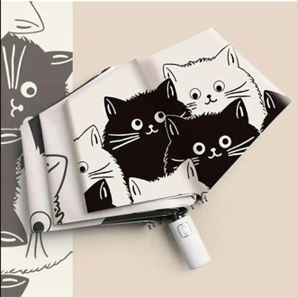 CW17229 Basit Karikatür Kedi Baskılı Siyah Beyaz UV Koruma Şemsiye Otomatik 1 Adet