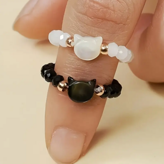 DW2993456 Yüzük Çifti Set Moda Siyah ve Beyaz Kedi Boncuklu Yüzük Seti 