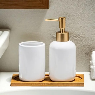 HB4174154 Seramik Altın pompalı başlıklı beyaz şişe + Seramik bardak + bambu tepsi
