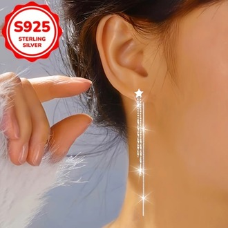 KE249417 Elegant Sterling Silver Star Dangle Küpe - 4g Parlayan Uzun Püskül