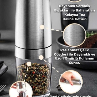 D-BRN023 Gravity Paslanmaz Çelik Otomatik Tuz & Karabiber Öğütücü Pilli - Metalik