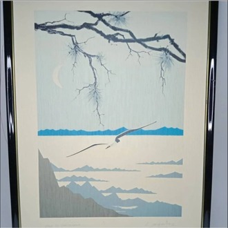A350.236 52x72cm Cam Ahşap Siyah Kenarlı Tablo Kuş Ağaç Dağ Serigrafi L. Jacowitz 1 Adet