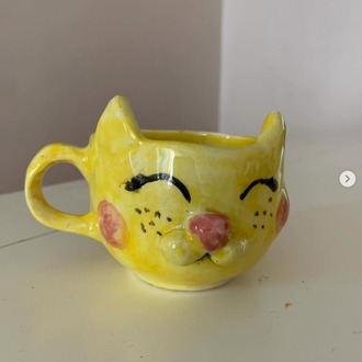 B535017 Küçük Kedi Temalı Kupa Tamamen Elde Yapım Seramik Duble Kahve 1 Adet