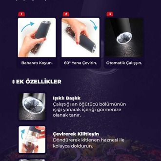 D-BRN024 Gravity Paslanmaz Çelik Otomatik Tuz & Karabiber Öğütücü Pilli - Siyah