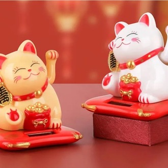 A0556205 Japon Şans Kedi Güneş Enerjili El Sallayan Bereket Para Kazanç 1 Adet Beyaz