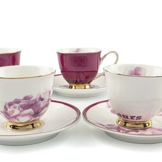 AP123.381691 Benim Evim Pinky Rastgele 2'li Kahve Fincanı Seti Gold Yaldız Rose Fleurs Çiçekli