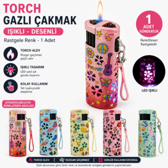  SM-184PB Torch Gazlı Işıklı Desenli Çakmak – Rüzgar Geçirmez Jet Alev, Rastgele Renk