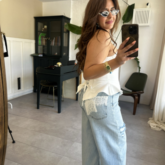 Dantel Detay Eskitme Denim Palazzo
