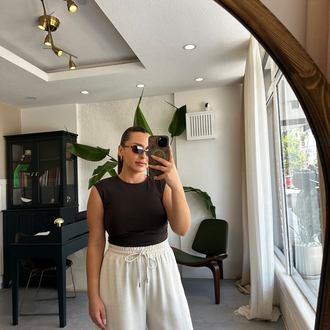 Ekru Beli Bağcıklı Keten Pantolon 