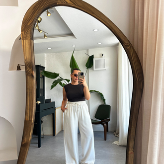 Ekru Beli Bağcıklı Keten Pantolon 