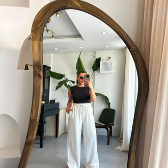 Ekru Beli Bağcıklı Keten Pantolon 
